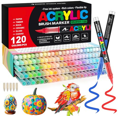 Funnasting 120 Color Rotuladores Acrilicos, Cabeza de Cepillo Suave Rotulador Acrilico, Marcadores Acrílicos para Colorear Vidrio, Pinturas Rupestres y Artículos de Artes y Oficios de Bricolaje