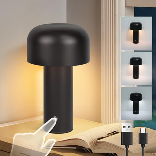 ZMH LED Nachttischlampe Tischlampe Kabellos - 2W Tischleuchte Akku Dimmbar Schreibtischlampe Aufladbar Schwarz Pilzlampe Schlafzimmer Klein Nachtleuchte Modern Metall für Wohnzimmer Nachttisch