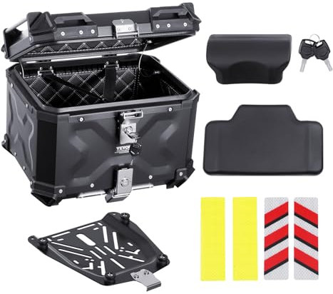 VEVOR Bauletto per Moto Universale, 435 x 378 x 348 mm in Lega di Alluminio con Fodera in Pelle, Bauletto per Moto Staccabile Impermeabile da 45 L con Serratura e Imbottitura per Schienale, Nero