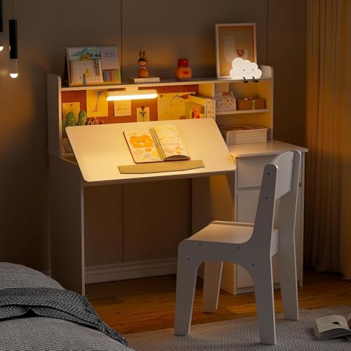 MSFE Kinderschreibtisch Set, Schreibtisch Kinder mit Dreifarbiger Lampe & Neigbarer Tischplatte, Jugendschreibtisch Multifunktionaler mit Ablageflächen und Pinnwand, Kinder Tisch Stuhl Set