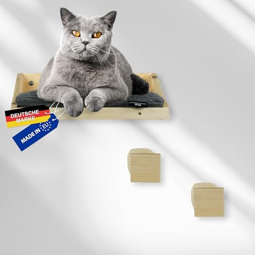 Rohrschneider Kletterwand Massiv Natur | Katzen Wandelemente mit Katzenbett Wand und 2 x Katzentreppe mit Sisal | waschbares Kissen | belastbar bis 30 kg (Cordkissen dunkelgrau)