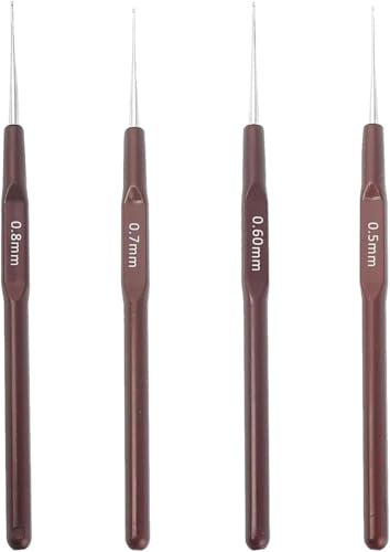 4 Stück Spitze Leichte Häkelnadel, Kleine Größe Häkeln Set, 0,5+0,6+0,7+0,8 mm Häkelnadel, Mini Häkelnadeln Set, Häkelnadel mit Kaffeebraun Griff, für Anfänger Häkeln Garn und Gewinde