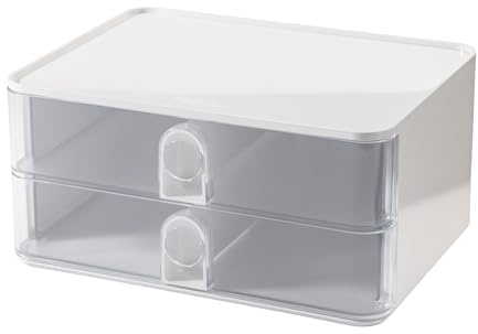 HAN Schubladenbox Allison SMART-BOX mit 2 Schubladen und Trennwand, Kabelführung, stapelbar, Utensilienbox für Büro, Schreibtisch Küche, möbelschonende Gummifüße, 1120-123, snow white/transparent