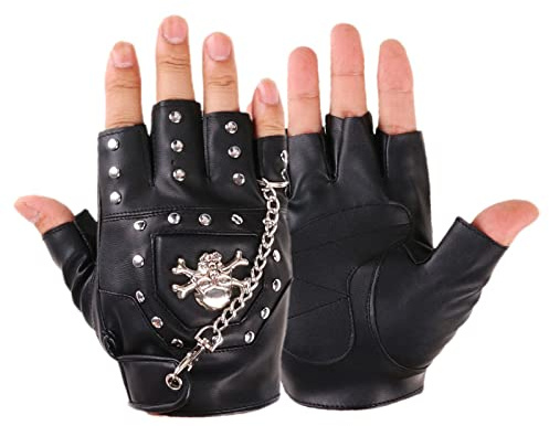 Fingerlose Biker-Handschuhe, Punk, Gothic, PU-Leder, Halbfinger-Handschuhe, Metallnieten, Totenkopf-Kette, Dekoration für Herren, Motorräder