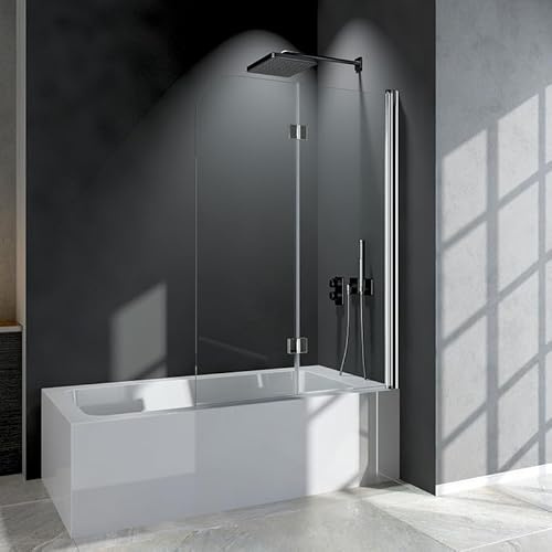 Duschkabine für Badewanne 100x120cm Faltbar Duschwand, 2-Teilig Badewannenaufsatz Duschabtrennung Glaswand Faltbar 180°, Duschtrennwand aus 6mm ESG Glas Faltwand Chrom Alu