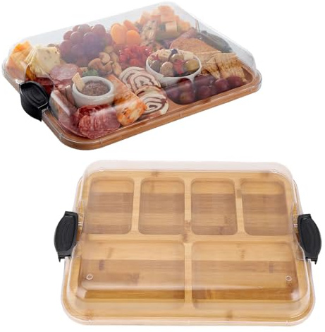 Charcuetrie Board with Lid and Handle, Portable Travel Cheese Board for Charcuterie, Snacks, Bamboo Cutting Board for Kitchen, Weddings Gifts (6 Compartments, 11x14 Inch