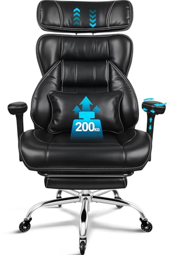 BASETBL Office Chair Heavy Duty 440lbs 200kg, Big Tall 4-Level Gas Lift Extra Wide Spring Cushion Adjustable Headrest 3D Armrests Executive Desk Computer Chairs with Footrest & Rubber Casters PU Black