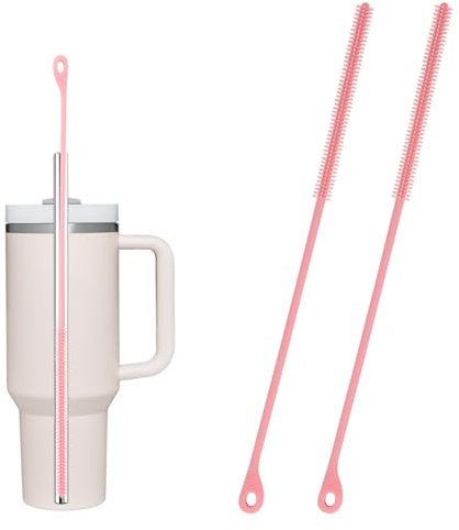 BOXOB 2pcs Silicone Straw Cleaner Brush, 9.5in Extra Long Reusable Straw Brush for Stanley, Metal, Glass Straws, Bendable Travel Drinking Bottle Lid Cleaning Tool for Crevice Pipe Tube (Pink)