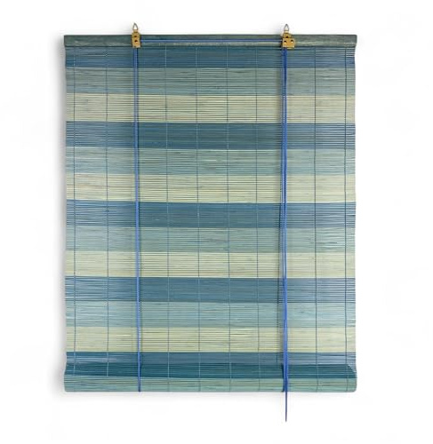 Tex family Tenda a Rullo in Bamboo 60x150 cm - Tapparella in Legno Naturale per Interni ed Esterni - Montaggio Facile - Blu