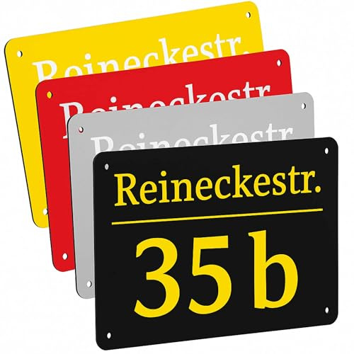 Indigos UG - 400x300 mm Hausnummerschild mit Hausnummer und Straße aus Aluverbundplatte - Schilder selbst gestalten mit Wunschtext - wetterfestes Straßenschild für Tür, Zaun oder Hauswand