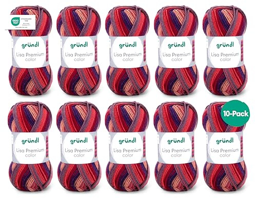 Gründl Laine Lisa Premium color Fil dégradé 10 pelotes 50 g, Rouge-orangé | fil à tricoter avec dégradé de couleurs – douce et respectueuse de la peau – 100 % acrylique – 50 g / 133 m