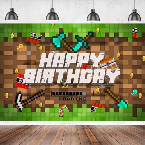 ParPix Pixel Happy Birthday Hintergrund, 1x1,5 M Pixel Miner Thema Geburtstag Hintergrund, Videospiel Hintergrunds Banner, Pixelmotiv Geburtstagsbanner Hintergrunds,Game Pixel Party Hintergrundbanner