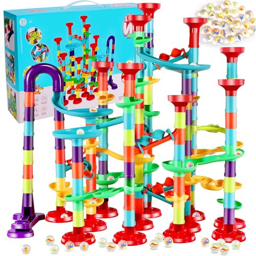 Incisite 197 Pcs Marble Runs, Marble Maze Game Construction Building Blocks Toys for Kids, Marbles Track Race Set Educational Learning Toy Gift for Boys Girls (147Parts + 50Glass Marbles)