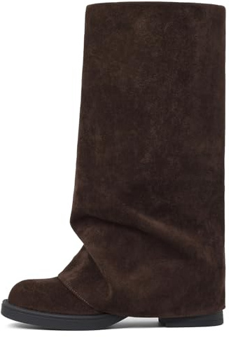 femflame Fold Over Boots for Women Slouchy Brown Suede Mid Calf Boot Fall | Classic Western Embroidery, Comfortable Round Toe Fit, Durable Non-Slip Rubber Sole, Soft Vegan Leather, Traditional Country