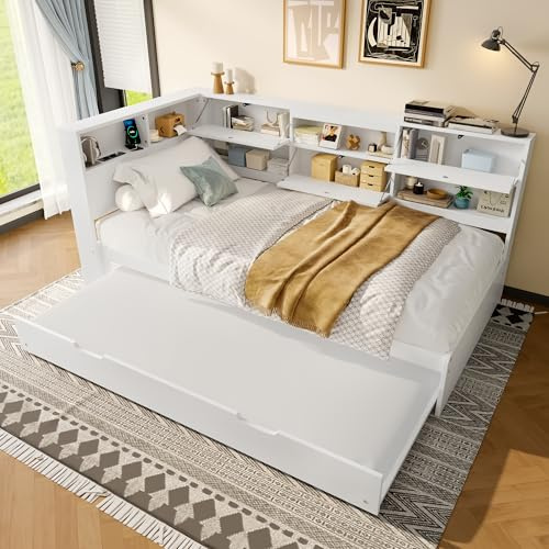 Dolamaní Funktionsbett 90x200 cm mit ausziehbarer Liegefläche-Einzelbett mit Bettkasten, Jugendzimmer Daybett Kopfteil mit Staufach, Ohne Matratze (Weiß)