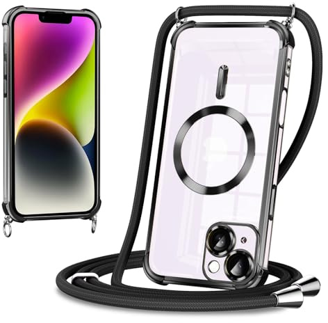 Coiwxmoi handyband Handyhülle für iPhone 14 Hülle Magnetisch mit Band 6.1,Durchsichtig Ultra Dünn TPU Silikon Case mit Kordel zum Umhängen Abnehmbar Kratzfeste Stoßfest Schutzhülle,Schwarz