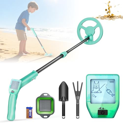 Metalldetektor Kinder, Leichtgewicht Kinder Metalldetektor mit Verstellbarem Stiel (66–83 cm), LCD Display und Wasserdichter Suchspule, Metalldetektor für Kinder mit Schaufel, Rechen, Sieb, Grün