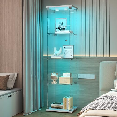 TIMORWTF Glasvitrine mit LED, Schrankvitrine für Sammlung, 1 Tür mit Schloss, 4 verstellbare Einlegeböden, 164x42x36cm, Weiß