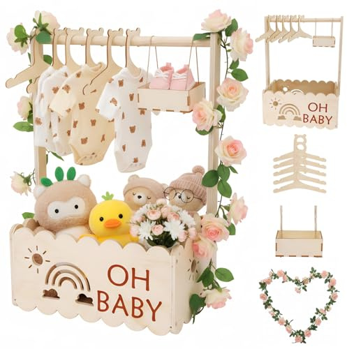 Gueiddi Babyshower i trä, babyshowerskåp med handtag, barnklädhängare, girlang och liten låda för nyfödda, babyparty, nya föräldrar (rosa rosenträ-trälåda)
