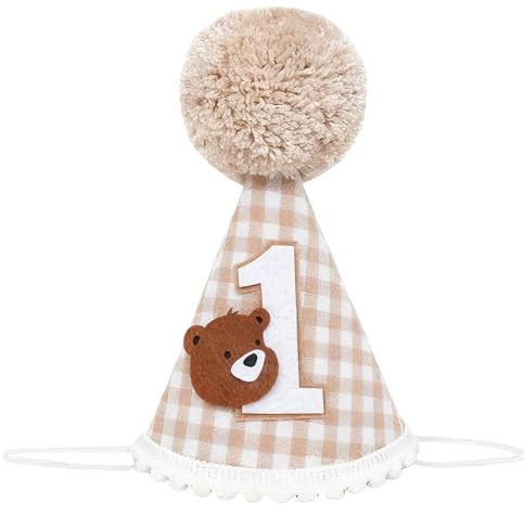 DiiWmme Hut zum 1. Geburtstag, bezaubernder Bär, kariertes Muster, gemütlicher Kegelhut, perfekte Foto-Requisite für Babys, Jungen und Mädchen, verstellbare elastische Schnur für bequeme Passform