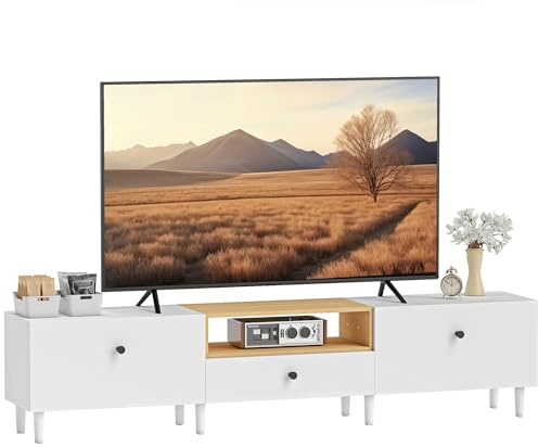 HOMCOM Meuble TV 200 cm, Meuble télé pour téléviseur jusqu'à 90 Pouces avec 2 Portes rabattables, tiroir, charnières à Fermeture amortie et 8 Pieds, Style Moderne, Banc TV pour Salon Chambre, Blanc