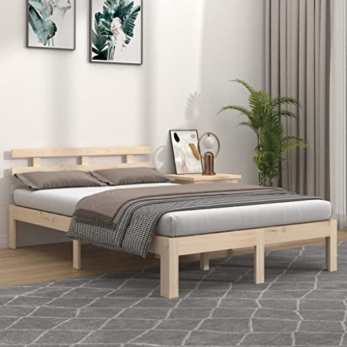 Mandloder Massivholzbett 135x190 cm Kiefernholz, Doppelbett Rahmen mit Kopfteil, Robustes Holzbett für Schlafzimmer, natürliches Design