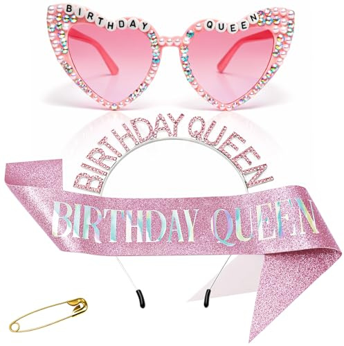 Hokoad 3 pcs Birthday Crown Sash Glasses Set, Rhinestone Birthday Girl Headband Tiara Glitter Birthdays Sash for Women Birthdays Queen Accessories Kit for Girl Women (Birthday Queen Pink)