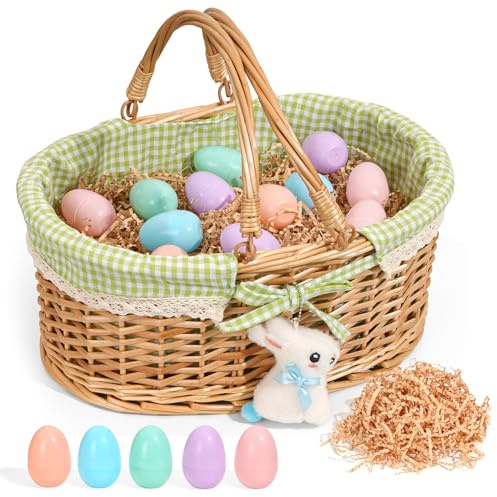Easter Basket with Grass, 12 Colorful Plastic Eggs and Soft Bunny Charm, Medium Oval Gift Basket with Gingham Liner for Egg Hunts, Candy, Toys and Spring Home Decor, Green Gingham