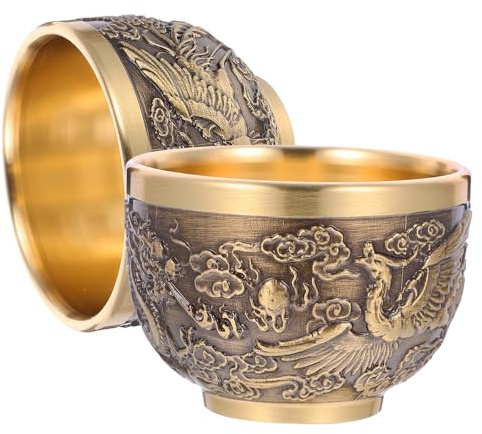 Angoily Lot de 2 Tasses à Thé Vintage en Laiton, Petites Tasses à Boisson Rétro Style Dragon et Phénix, Service à Thé Ancien Élégant pour Fêtes et Collection