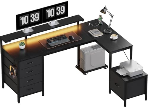 JUMMICO Scrivania angolare con mobile, scrivania reversibile a forma di L, con presa di corrente e porte USB, luci LED e ganci, scrivania da gioco ideale per casa e ufficio, 160 x 120 cm, nero