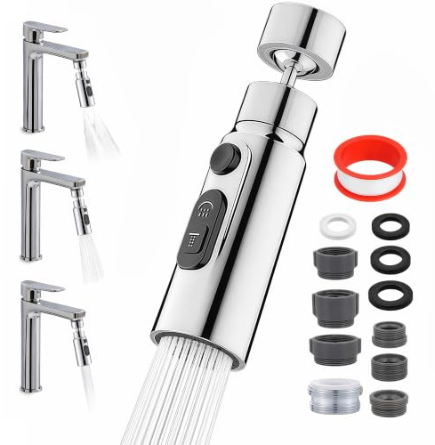 3-Mode Kitchen Tap Spray Head, 360° Rotation and 35° Adjustable Tap Aerator, Universal Faucet Extender, Tap Extender for Kitchen Sink. Tap Accessories (Long Style)