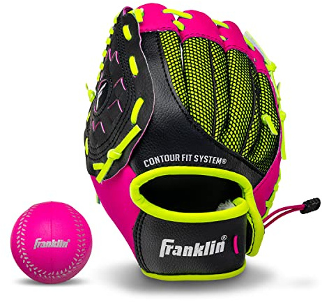 Franklin sport teeball handske – vänster- och högerhänt ungdomshandske – neo-grepp – basebollvante i syntetiskt läder – 25 cm vänster hand kasta – redo att leka med boll – rosa