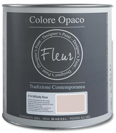 FLEUR DESIGNER'S PAINT | Pittura Chalk Paint Opaca, 2,5 L, Senza Carteggiare, Multisuperficie, Colore F14 Milady Rose, Effetto Gesso, Per Pareti e Mobili, Extra Opaco, Ad Acqua, Made in Italy