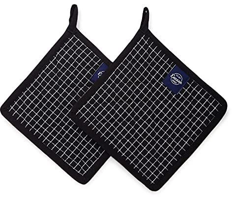 Encasa XO 21 cm Oven Microwave Potholders (2 pc Set) for Kitchen Cooking & Baking - Heat Resistant, Thick & Safe, Protection of Hands from Hot Utensils - Butcher Checks Black