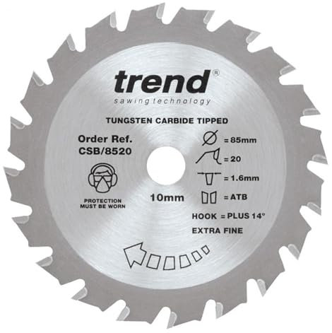 Trend CSB/8520 - Hoja de sierra circular para madera, diámetro de 85 mm, orificio de 10 mm, 20 dientes, TCT, corte de 1,6 mm, gancho de +14°,