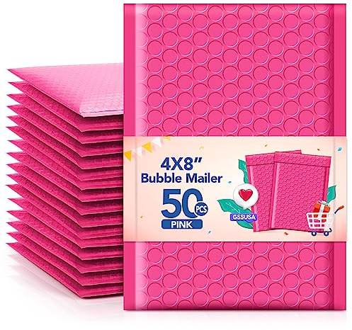 GSSSUSA Bubbelkuvert, 10 x 20 cm, 50-pack, vadderade kuvert, användbar storlek 10 x 18 cm, fraktkuvert, självförseglande små förpackningar, fraktpåsar för att posta smycken, för småföretag, rosa
