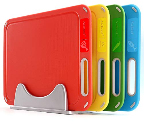 Plastic Cutting Board, Set of 4 with Storage Stand, Color Box Packed, BPA-Free, Preventing Cross-contamination of Different Food Types, Dishwasher Safe