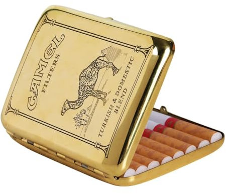 RWXCOW Zigarettenetui 16 Zigaretten Retro Kupfer Kamel-Motiv zigarettenbox Vintage Tragbare Metall Zigarettenhülle Zigarettenkasten Zigarettencase Zigarettenschachtel 9,5x7cm Camel, Gelb