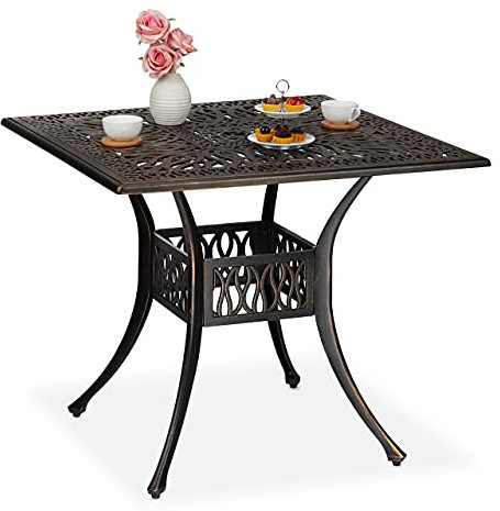 Relaxdays Gartentisch mit Schirmloch, antike Optik, Aluminiumguss, 75 x 90 x 90 cm, eckiger Balkontisch, schwarz/Bronze