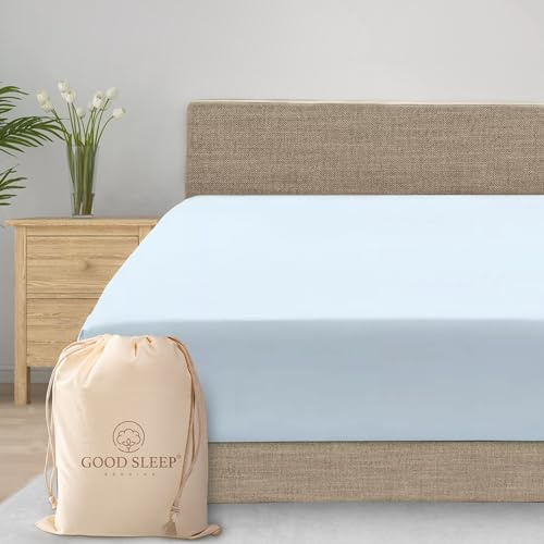Sábana bajera ajustable de 1000 hilos, 100 % algodón egipcio tejido de satén – se adapta a colchones de hasta 45.7 cm de profundidad, suave, color azul claro, 1 pieza sábana bajera ajustable