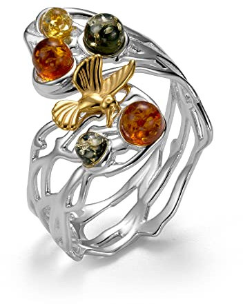 Copal Damen Ring Aus 925 Sterlingsilber Mit Vergoldeten Details Und Bernsteinen