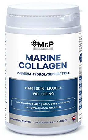 Mr.P Health Marine Kollagen Peptides 400g Typen I III Nahrungsergänzungsmittel Hoher Nährwert, Geschmacksneutrales Pulver Glutenfrei Halal Koscher Ketogen Paleo 30 Tage Vorrat.
