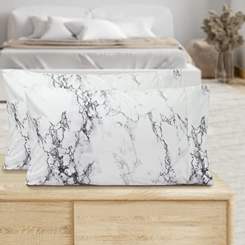 Valerian Marble Printed Pillowcases 2-Piece Set Egyptian Quality 1500 Thread Count Timeless Classic Designs Soft and Smooth Weave, Wrinkle Resistant, Marble Queen Pilllowcase, White