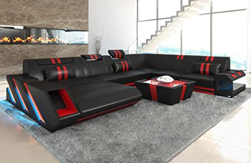 Sofa Apollonia XXL U Form Wohnlandschaft Leder Couch mit LED Ledersofa mit Ottomane und Kopfstützen (Ottomane Links, Schwarz-Rot)