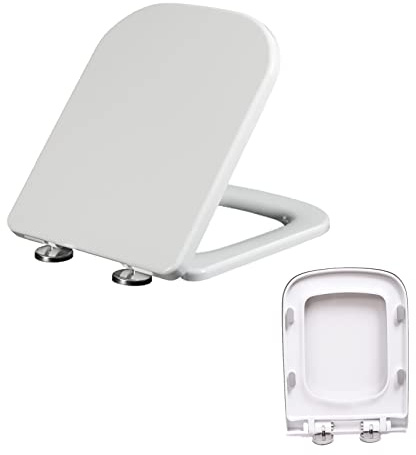 Toilet Seat Soft Close White S Shape, Soft Close Toilet Seat, Quick Release Square Toilet Seats, Bottom Fixing/Top Fixing, Standard Toilet Seats for Easy Cleaning, Easy Installation(440mm x 380mm)