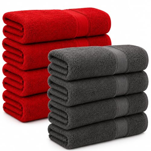 Komfortec 8er Handtücher 50x100 cm Set aus 100% Baumwolle, Frottee, Weich, Anthrazit Grau/Aurorarot