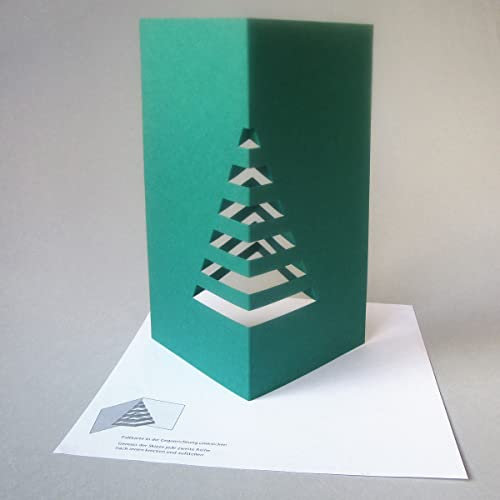 10 grüne Weihnachtskarten, Klappkarten mit vorgestanzten Stegen zum Basteln eines Weihnachtsbaums, mit weißem Erklärungsblatt und gefüttertem Kuvert (Gohrsmühle)