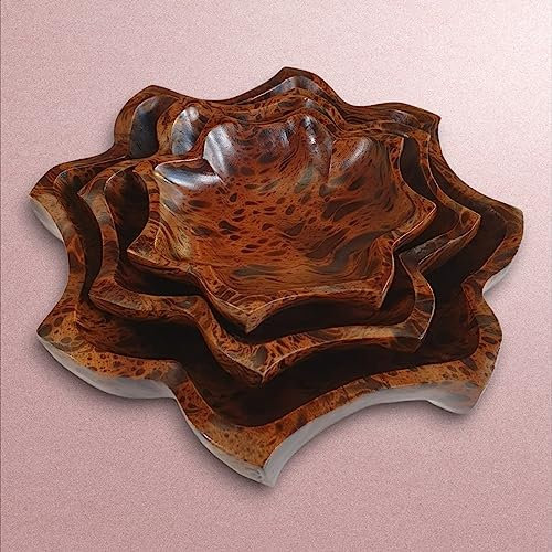 Kinaree Mangoholz Schalen Blume - Snackschale aus Echtholz - Obstschale in verschiedenen Größen und Mustern (3er Set)