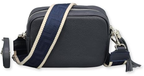 Brise Art KIRA Silber Umhängetasche Echtleder Handgefertigt Crossbody Bag | Damen Schultertasche mit Ledergurt & wahlweise gemustertem Riemen, Echtes Leder, 2 Fächer, Made in Italy