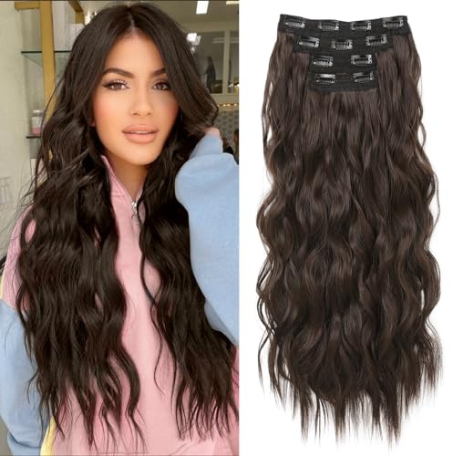 REECHO Clip in Extensions, 4PC Blond Hair Extensions Clip in Haarverlängerungen 60 cm Dicke Lange Strandwellen Haarteile Unsichtbare Spitze Natürliche weiche Haarteile - Schokoladenbraun